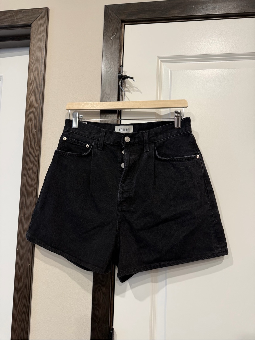Agolde Black High-Rise Button-Front Denim Shorts